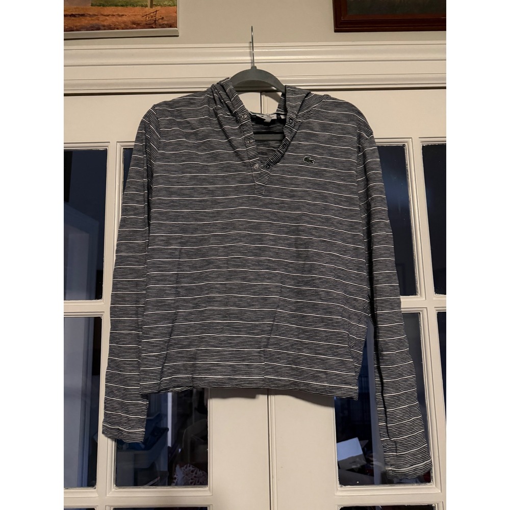 Lacoste Womens Navy Blue White Striped Long Sleeve Hooded Pullover Shirt Size 16